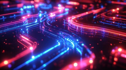 Close-up view of glowing neon blue and red curved lines on a dark background resembling futuristic circuitry or digital pathways with a vibrant and dynamic feel