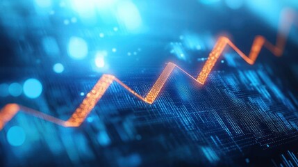 Digital glowing zigzag line chart over blue abstract data grid background illustrating financial or technological growth and analysis