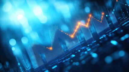 Abstract digital financial chart with glowing orange line graph overlay on futuristic blue data visualization background representing market trends and analysis