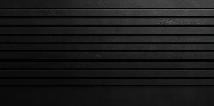 Close-up of horizontal black metal or wooden slats with a textured black background creating a minimalist pattern