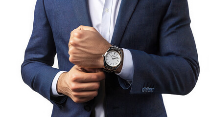 A man in a blue suit adjusting his cufflink while wearing a silver wristwatch  on transparent background