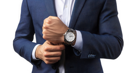 A man in a blue suit adjusting his cufflink while wearing a silver wristwatch  on transparent background