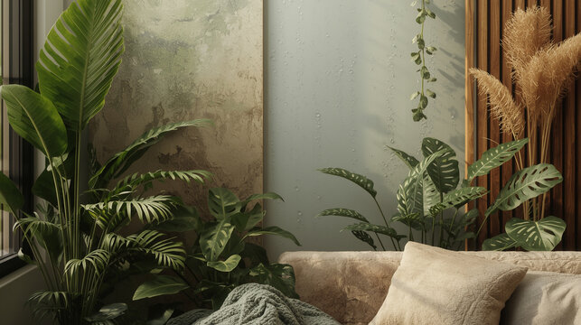 Luxurious Modern Living Room with Tropical Monstera and Bird of Paradise Plants, Abstract Gold Art and Cream Sofa in Rainy Day Sunlight