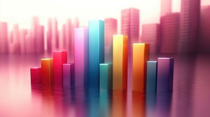 Colorful 3D bar chart with various heights set against a blurred cityscape background, conveying business growth and data analysis concepts