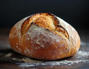 Close-up of a freshly baked rustic round loaf of bread with a golden crust and flour dusting on a dark surface