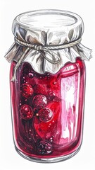 Watercolor Illustration of Jarred Cherries with Fabric Lid Covering in Red and Black
