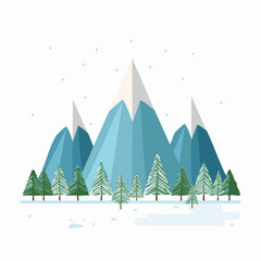 Serene minimalist winter landscape with mountains and evergreen trees design