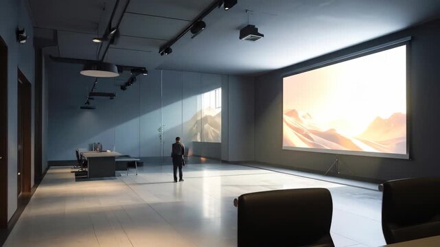 Man stands in modern office space with mountain range projected on screen