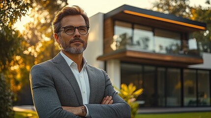 Confident middle-aged man with glasses and gray blazer standing with arms crossed in front of a modern house at sunset