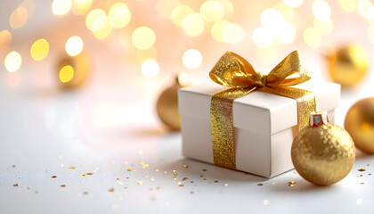 金のリボンのギフトボックスとオーナメント | Gift Box with Gold Ribbon and Ornaments with Warm Bokeh Light