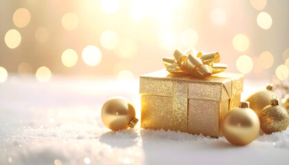 雪の上に置かれた金のギフトボックスとオーナメント | Gold Gift Box and Ornaments on Snow with Warm Light