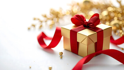 赤いリボンと金のギフトボックス | Gold Gift Box with Red Ribbon on White Background