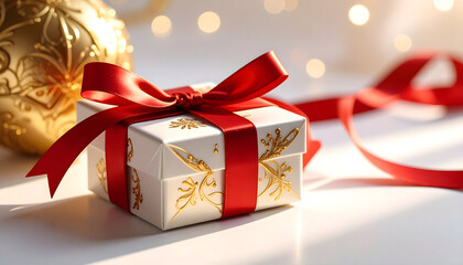 赤いリボンと金の装飾が施されたギフトボックス | Elegant Gift Box with Red Ribbon and Gold Decoration