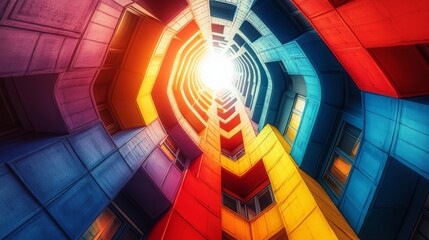 Obraz premium An abstract, low-angle photo looking up a modern building courtyard or atrium with colorful walls and bright sunlight. Great for technology, innovation, business, or architecture themes.