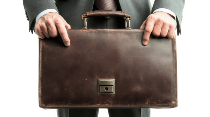 A man in a suit holding a brown leather briefcase with his fingers pointing at the corners of it on transparent background