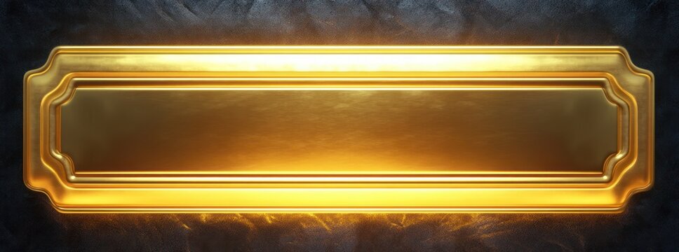 shiny rectangular golden metal nameplate with ornate edges on dark textured background emitting warm golden light
