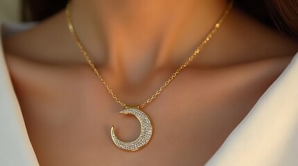 Elegant golden crescent moon pendant necklace adorned with shimmering stones, delicately resting on a woman's décolletage