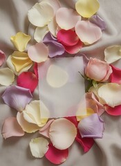 Petal's Frame: A soft, romantic image that displays a collection of vibrant flower petals in various shades, forming a frame around a blank square, implying a space for creativity and design.