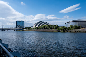 Glasgow, Scotland – View of the River Clyde with the Clyde Auditorium (“The Armadillo”) and...