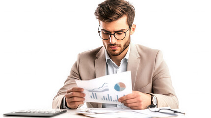 Man in suit and glasses analyzing data charts and graphs at a white desk with a calculator present on transparent background