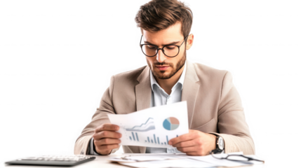 Man in suit and glasses analyzing data charts and graphs at a white desk with a calculator present on transparent background