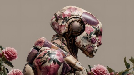 Floral patterned robot merges with nature, showcasing the harmonious blend of technology and organic beauty, highlighting themes of artificial intelligence, biomimicry, and the future of robotics
