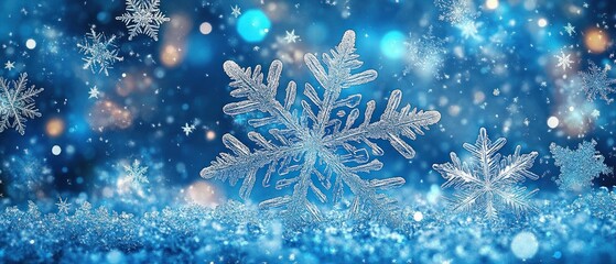 Close-up view of intricate ice crystals and snowflakes sparkling against a vibrant blue winter background, evoking a serene and magical atmosphere