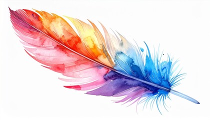 Vibrant Watercolor Feather Illustration with Splattered Paint Isolated on White