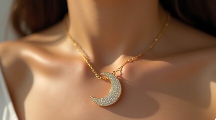 Elegant Close-up of a Sparkling Crescent Moon Pendant Necklace A Luxurious Fashion Accessory & Jewelry Portrait