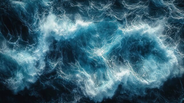 aerial view of turbulent ocean waves with swirling white foam and deep blue water showcasing natural sea motion - Powered by Adobe