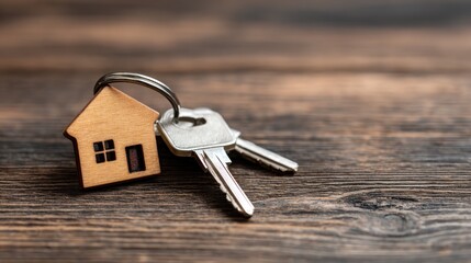 A wooden keychain with a house-shaped key fob on a wooden table.