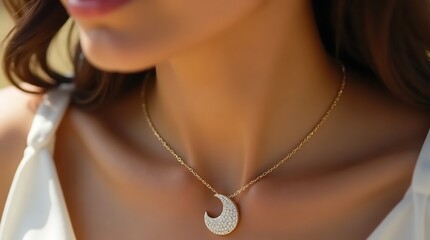 Elegant close-up shot of a woman's neck adorned with a dazzling gold necklace featuring a crescent-shaped pendant, showcasing luxury and style