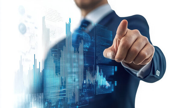 Man in suit points at digital graphs and data interface overlayed on the image in a futuristic style on transparent background