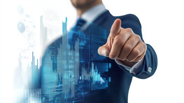 Man in suit points at digital graphs and data interface overlayed on the image in a futuristic style on transparent background