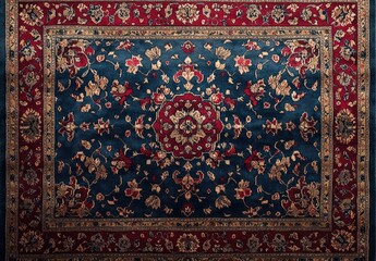 ornate rectangular woven carpet with intricate floral and geometric patterns in red, blue, beige, and gold hues