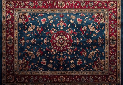ornate rectangular woven carpet with intricate floral and geometric patterns in red, blue, beige, and gold hues
