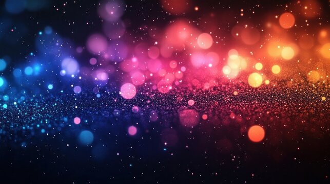 Abstract colorful bokeh lights and particles blending from blue to pink to orange on a dark background creating a vibrant and dreamy atmosphere