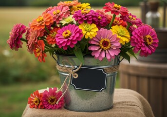 Radiant Zinnias in Rustic Bucket: A vibrant bouquet of colorful zinnias bursts forth from a rustic metal bucket, exuding charm and natural beauty. It brings an aura of joy.