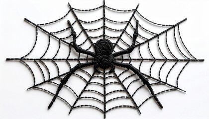 Obraz premium Glittering Black Spider on Decorative Web Halloween Decoration on White Background Flat Lay
