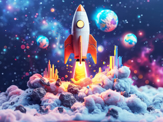 Rocket Launch into the Cosmos: A vibrant illustration depicts a rocket soaring majestically into the cosmos, its ascent framed by swirling clouds, distant planets, and a city below.