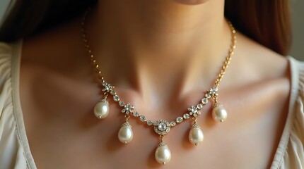 Victorian-inspired golden pearl necklace with delicate diamond details for timeless elegance