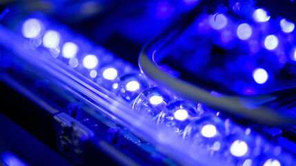 cables. Close-up view of illuminated server components in a data center with cool blue lighting. product launch decks, UI/UX mockups, designed for data visualization dashboards and holographic UIs.