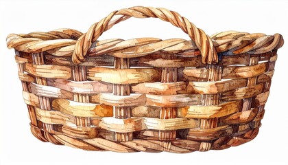Woven Basket with Handle in Shades of Brown and Beige on White Background