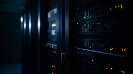 cables. Close-up view of illuminated server components in a data center with cool blue lighting. product launch decks, UI/UX mockups, designed for data visualization dashboards and holographic UIs.