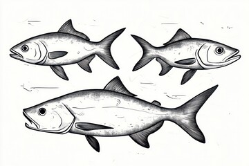 Obraz premium Black and white detailed illustration of three fish swimming with visible scales fins and expressive eyes on a white background