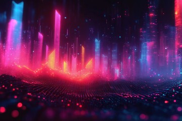 Abstract glowing digital cityscape with vibrant neon pink, blue, and orange lights illuminating futuristic skyscraper-like structures over a dark grid surface