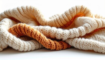 Textured Cream and Brown Knitted Wool Scarf on White Background