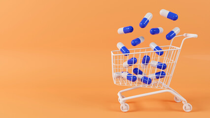 3d rendering of Shopping cart and capsule pills, drugs online delivery of medical concept © Suttiwan