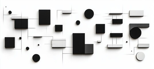 Abstract black and white geometric composition with various sized squares, rectangles, and circles connected by thin lines on a white background creating a modern, structured feel