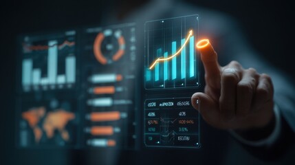Business professional interacting with futuristic data visualization using touch screen technology for analysis and strategic planning in a corporate environment